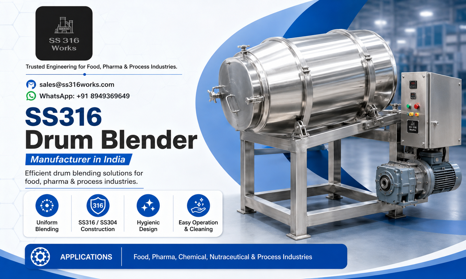 SS316 Drum Blender Manufacturer in India